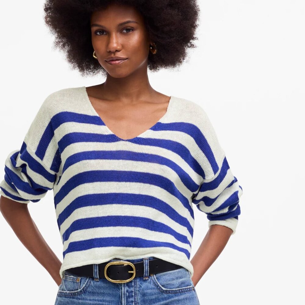 Madewell Linen V-Neck Sweater NWT blue stripe